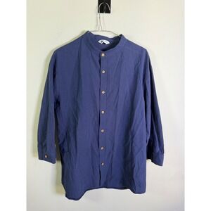Runcati Mens Button Up Shirt Band Collar Linen Blend Navy Size L